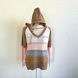 Unbranded Women’s Pink White Tan Striped Color Block Pullover Hoodie Size Small